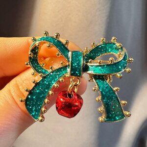 Teal Glitter Bow Brooch with Dangling Red Bell 1.5 inches